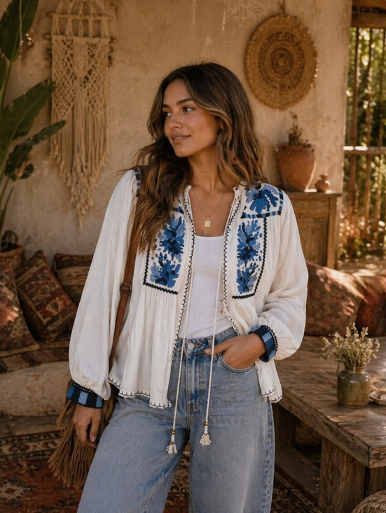 Zara Jackets & Blazers - Zara White and Blue Embroidered Jacket with Tassels NWOT